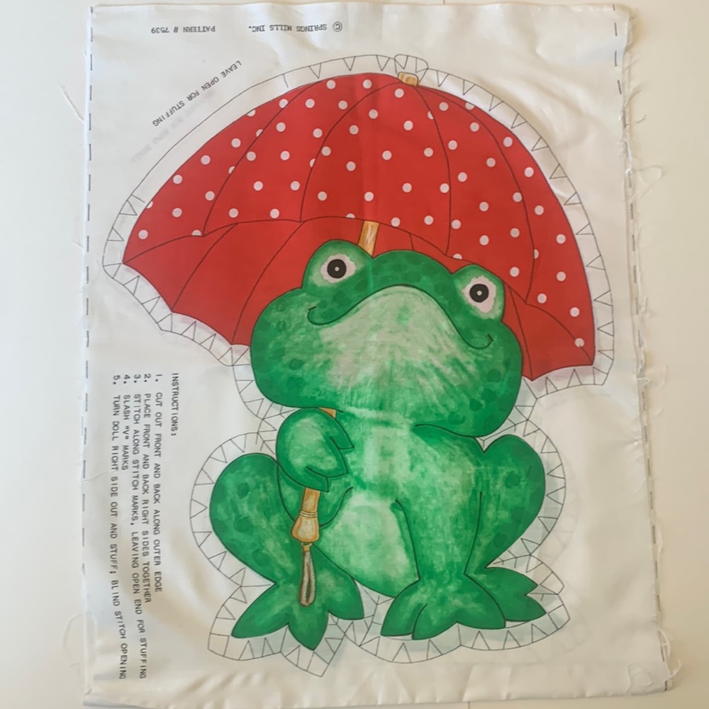 Vintage 1980s Green Frog Red Polka Dot Umbrella Pillow Cut N’ Sew Fabric Panel